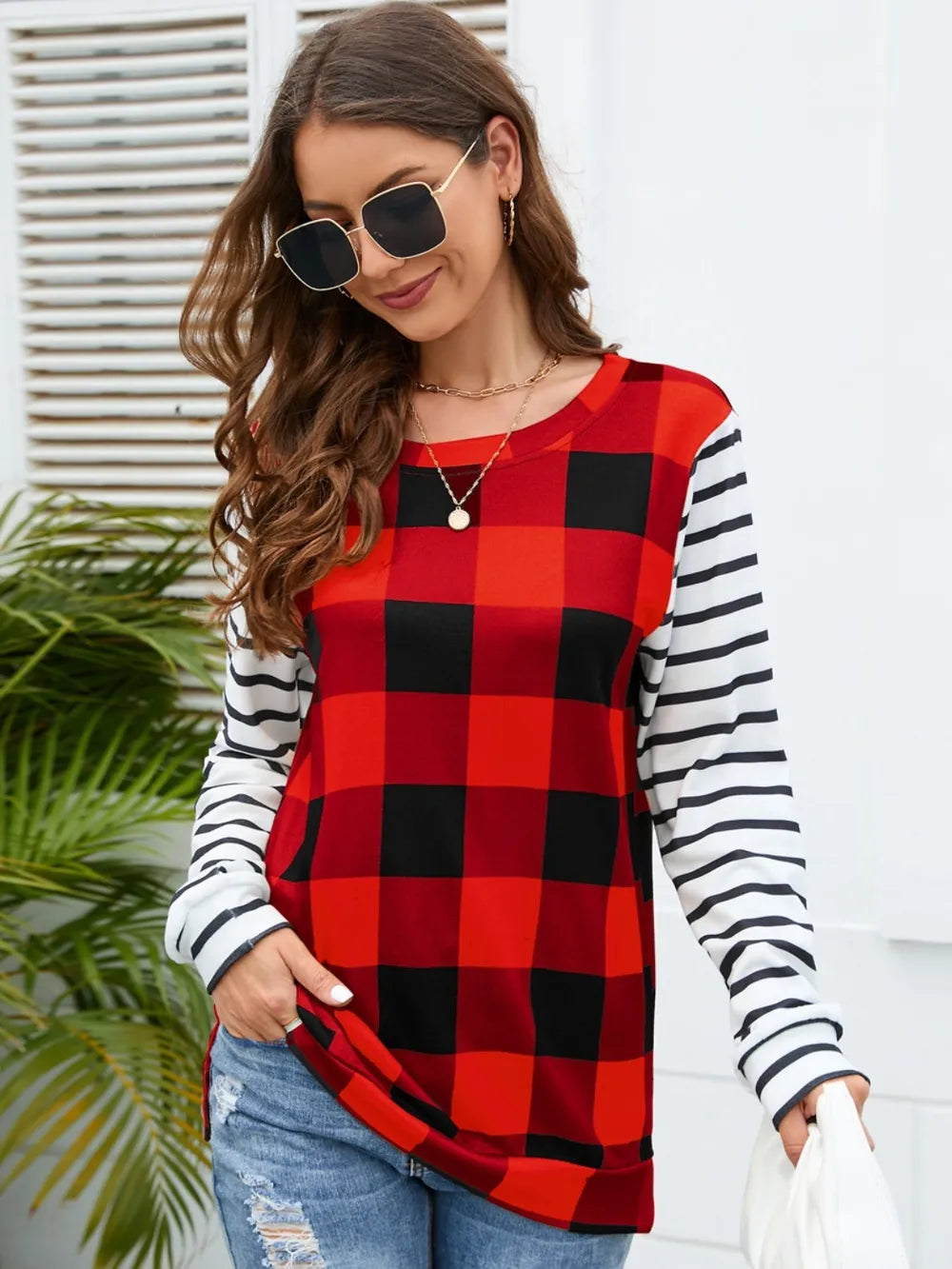 Harajuku Style Plaid Striped Round Neck Long Sleeve T-Shirt