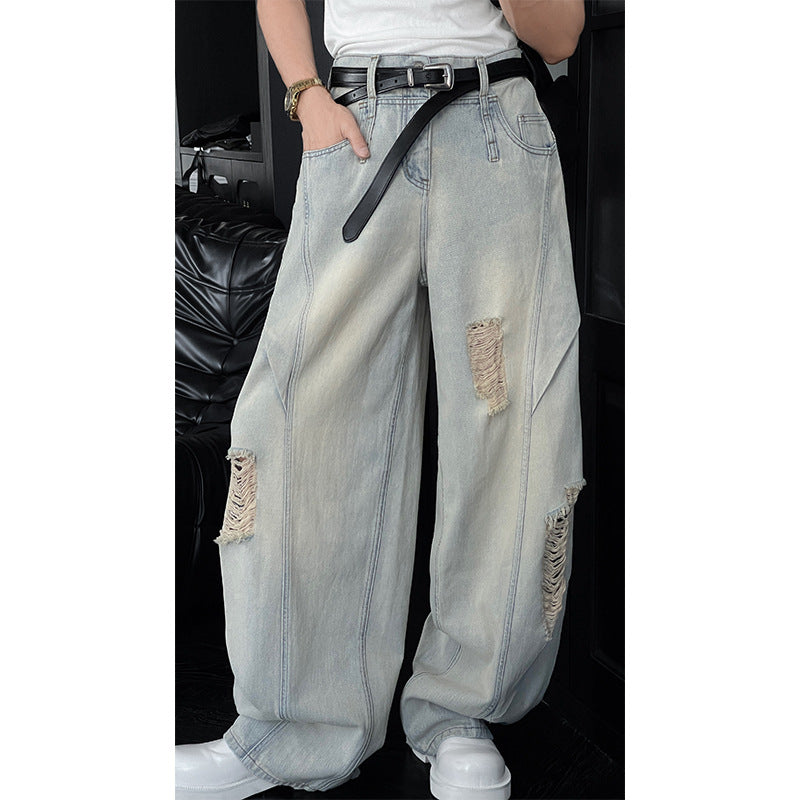 Washed Ripped Denim Wide Leg Pants