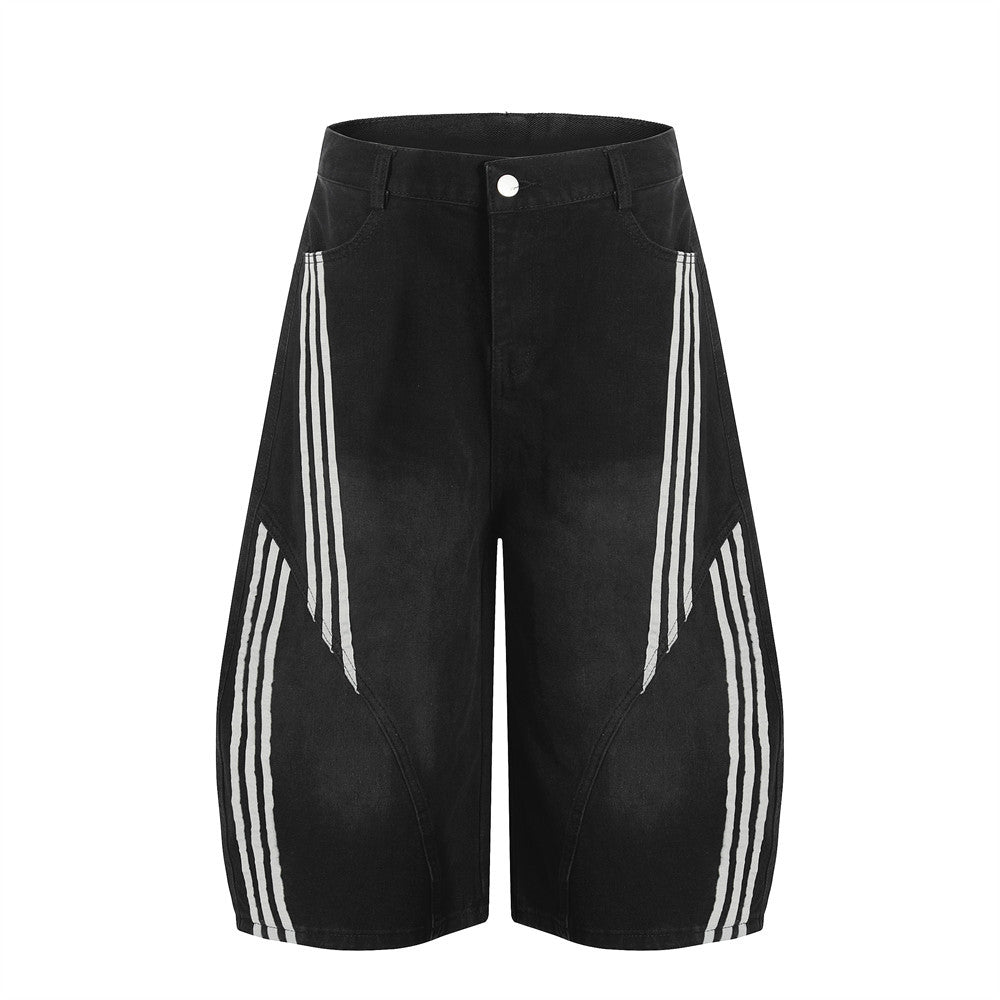 Three-Stripe Curved Knife Denim Shorts - Harajuku Style