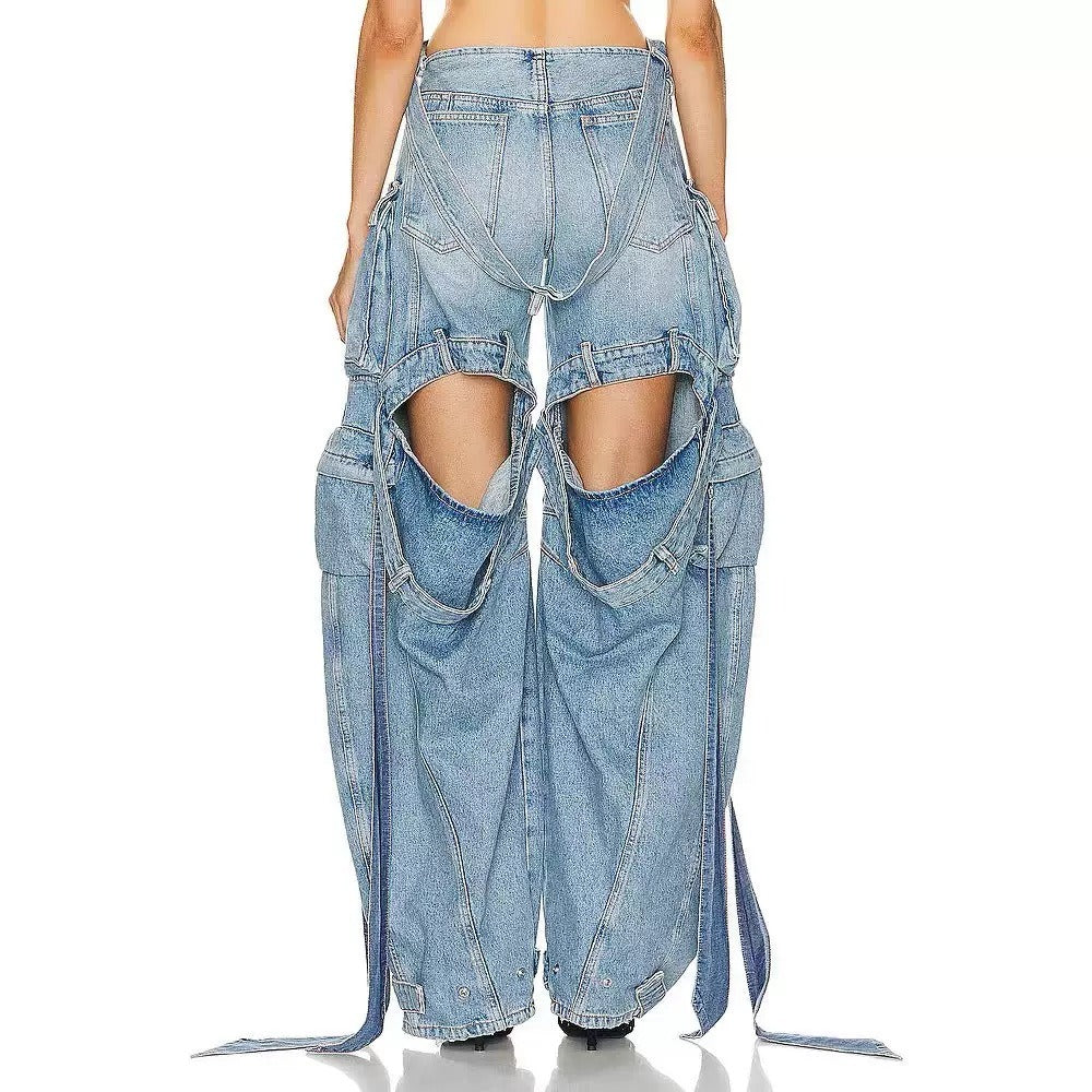 Harajuku-Style Multi Pocket Denim Pants with Decorative Straps