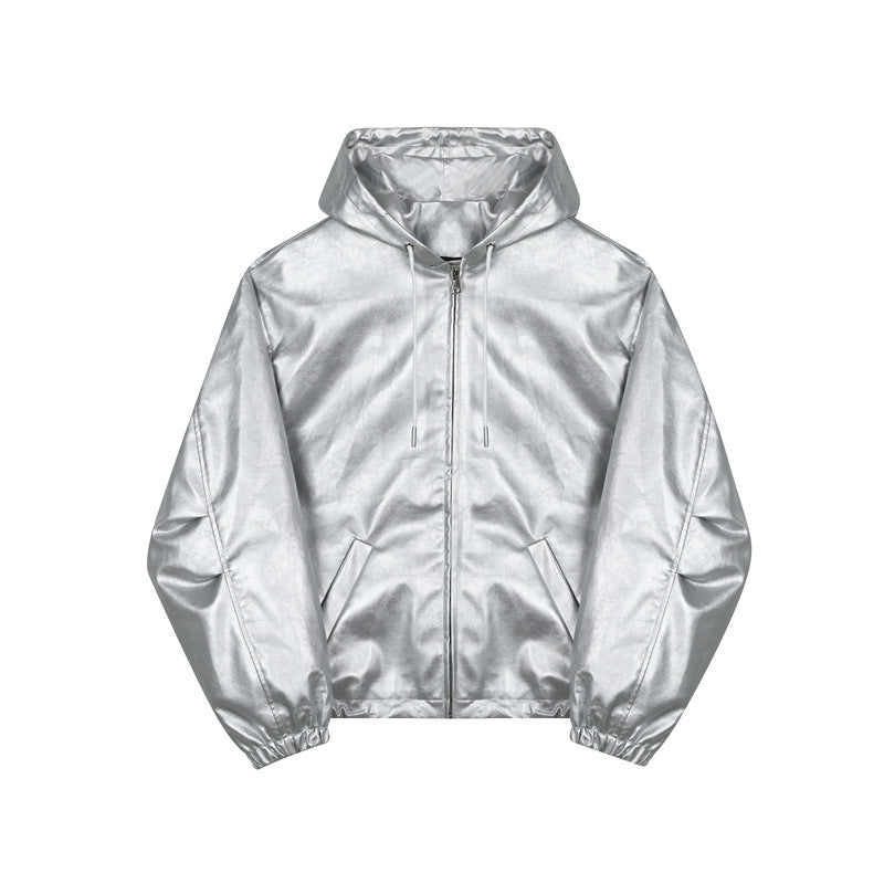 Oversized Waterproof Silver PU Leather Jacket for Men