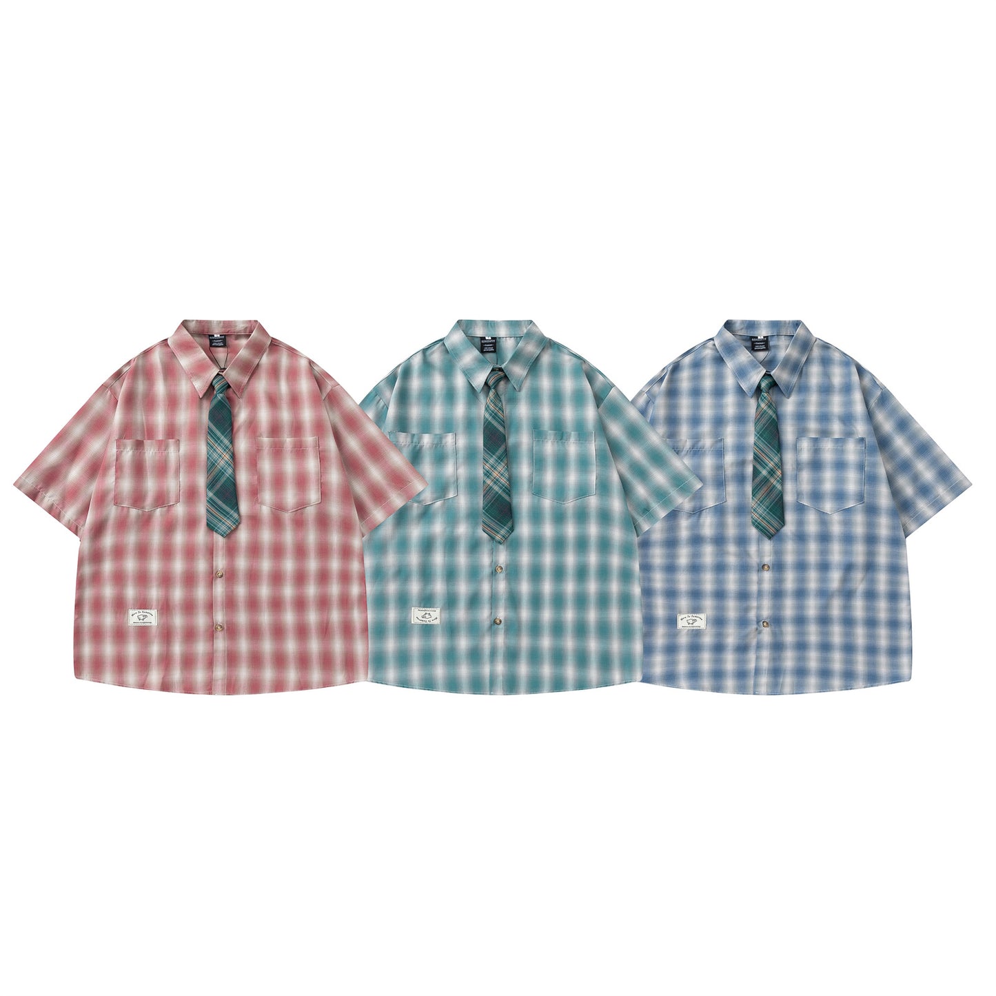Retro Plaid Collar Tie Short Sleeve Shirt