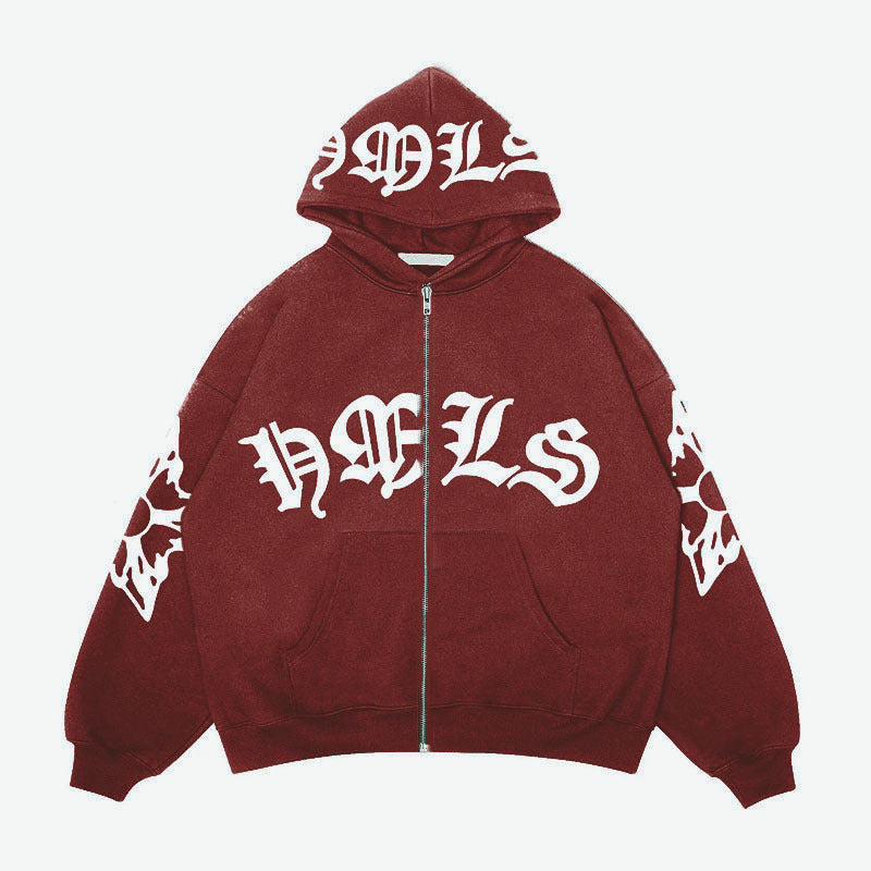 Gothic Letter Printed Oversized Zipper Hoodie