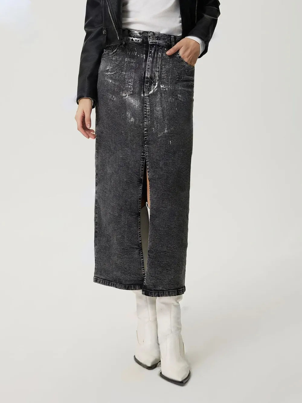Retro Silver Polished Denim Skirt