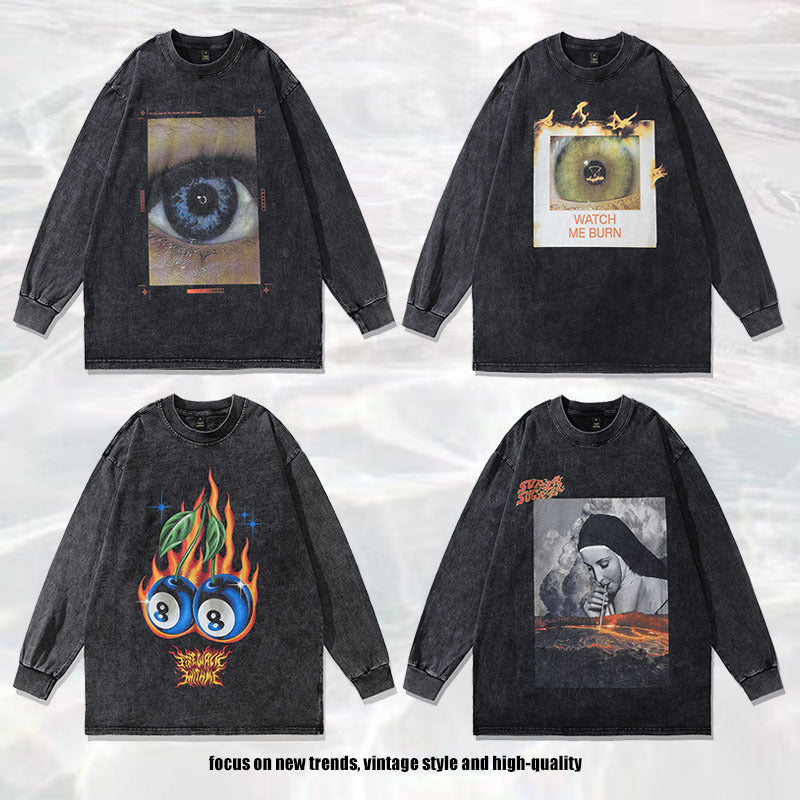 Unisex Retro Print Long Sleeve T-Shirt - Harajuku Style