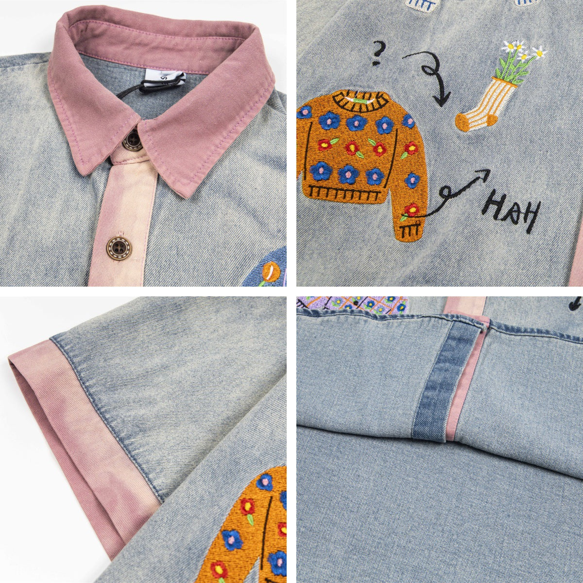 Playful Color Block Embroidery Denim Shirt - Unisex Summer