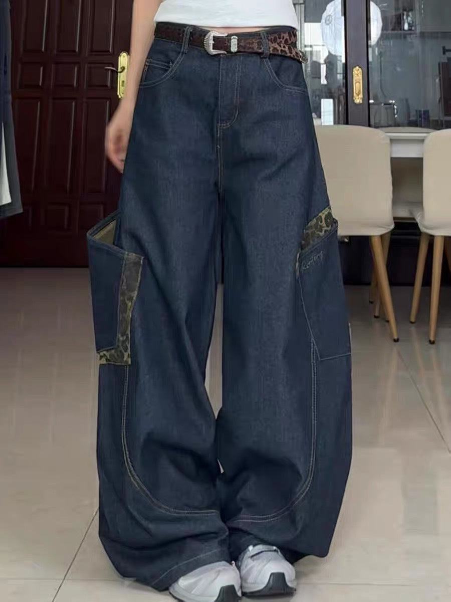 Retro Leopard Print Patchwork Curved Jeans