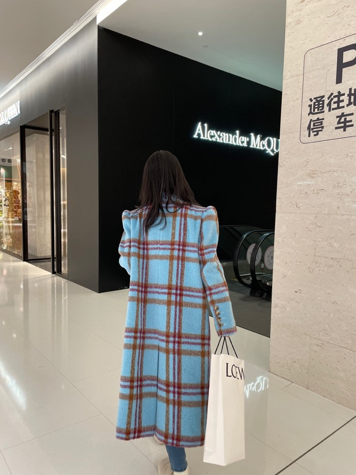 Vintage Blue Checked Loose Wool Coat with Puff Sleeves