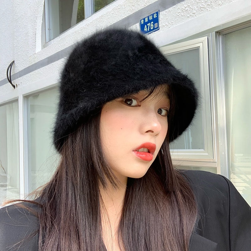 Harajuku Style Women's Solid Color Rabbit Fur Bucket Hat