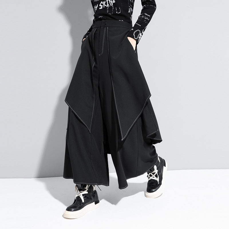 Women's Loose Wide Leg Casual Pants with Fake Two White Lines