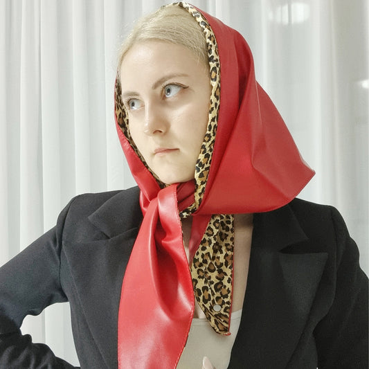 Double-Sided Leopard Print & Leather Triangular Scarf with Headband