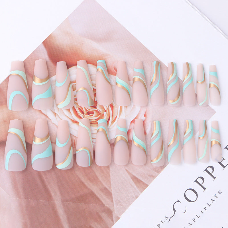 Gold Wave Pattern Long Ballet Nails - Harajuku Style