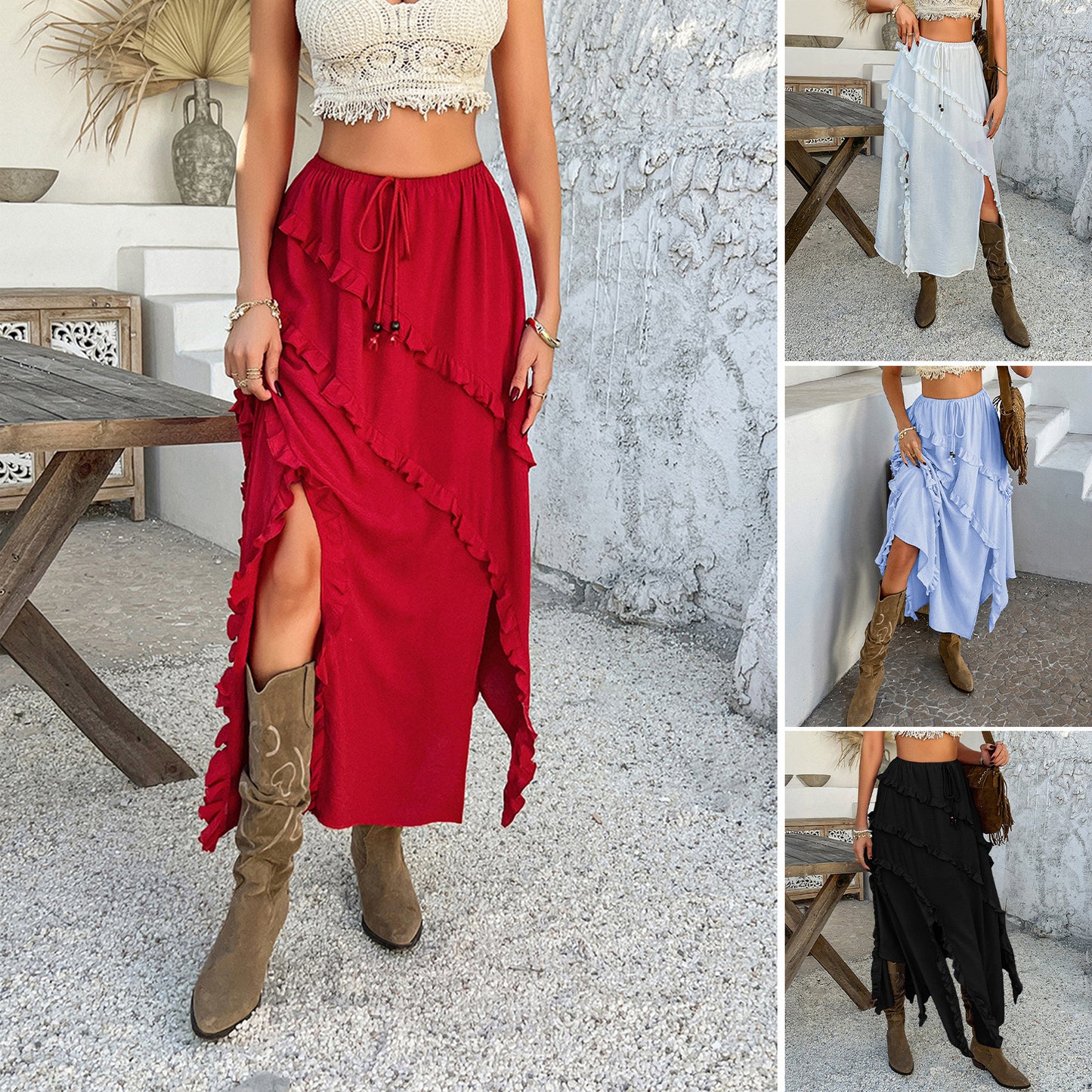 Harajuku Style Solid Color Lace Tied Waist Mid Length Skirt