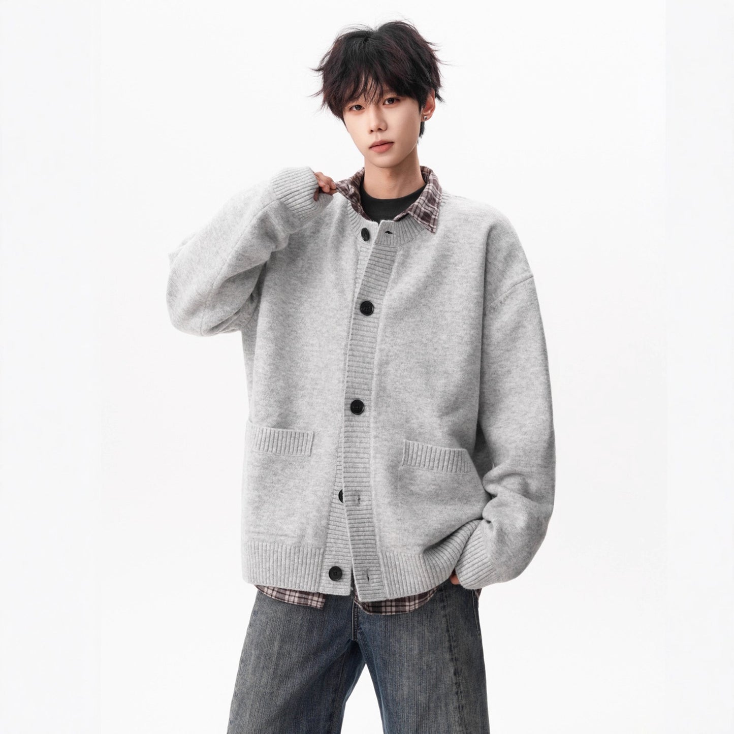 Stylish Gray Knit Sweater Coat for Men - Loose Casual Versatile Cardigan