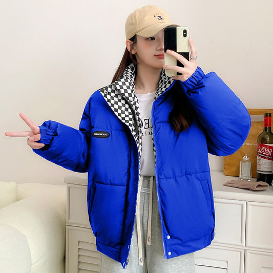 Harajuku Style Checkerboard Down Cotton Jacket for Women