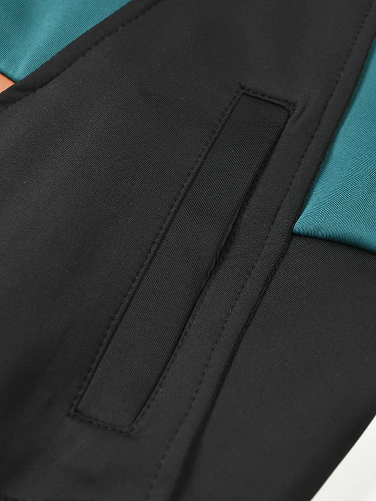 Color-Block Loose Fit PU Leather Jacket for Women