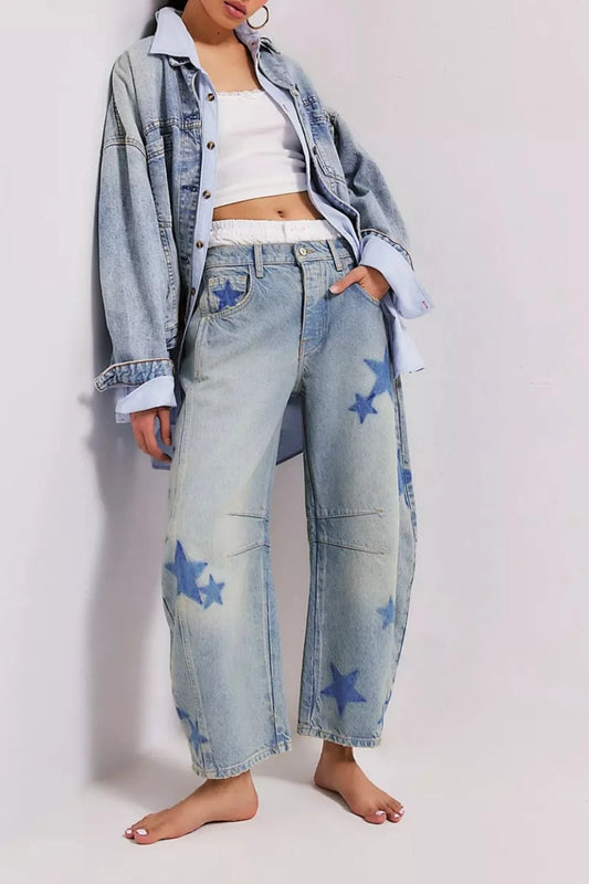 Harajuku Contrast Star Wide Leg Jeans