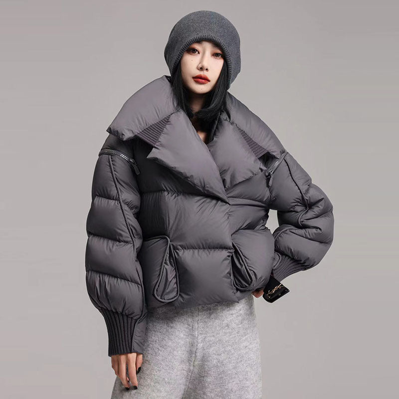 Spliced Lapel Down Jacket with Magnetic Buckle