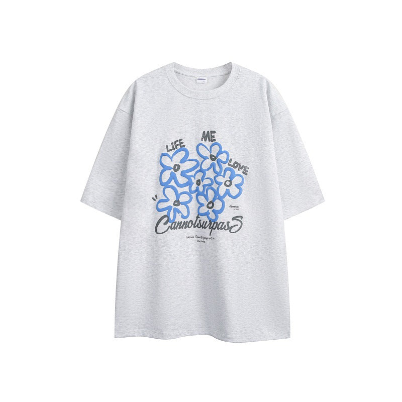 Harajuku Style Flower Print Loose T-Shirt for Men and Women