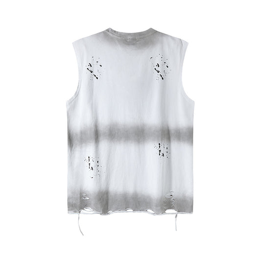 Tie-Dye Gradient Letter Sleeveless T-Shirt with Distressed Holes