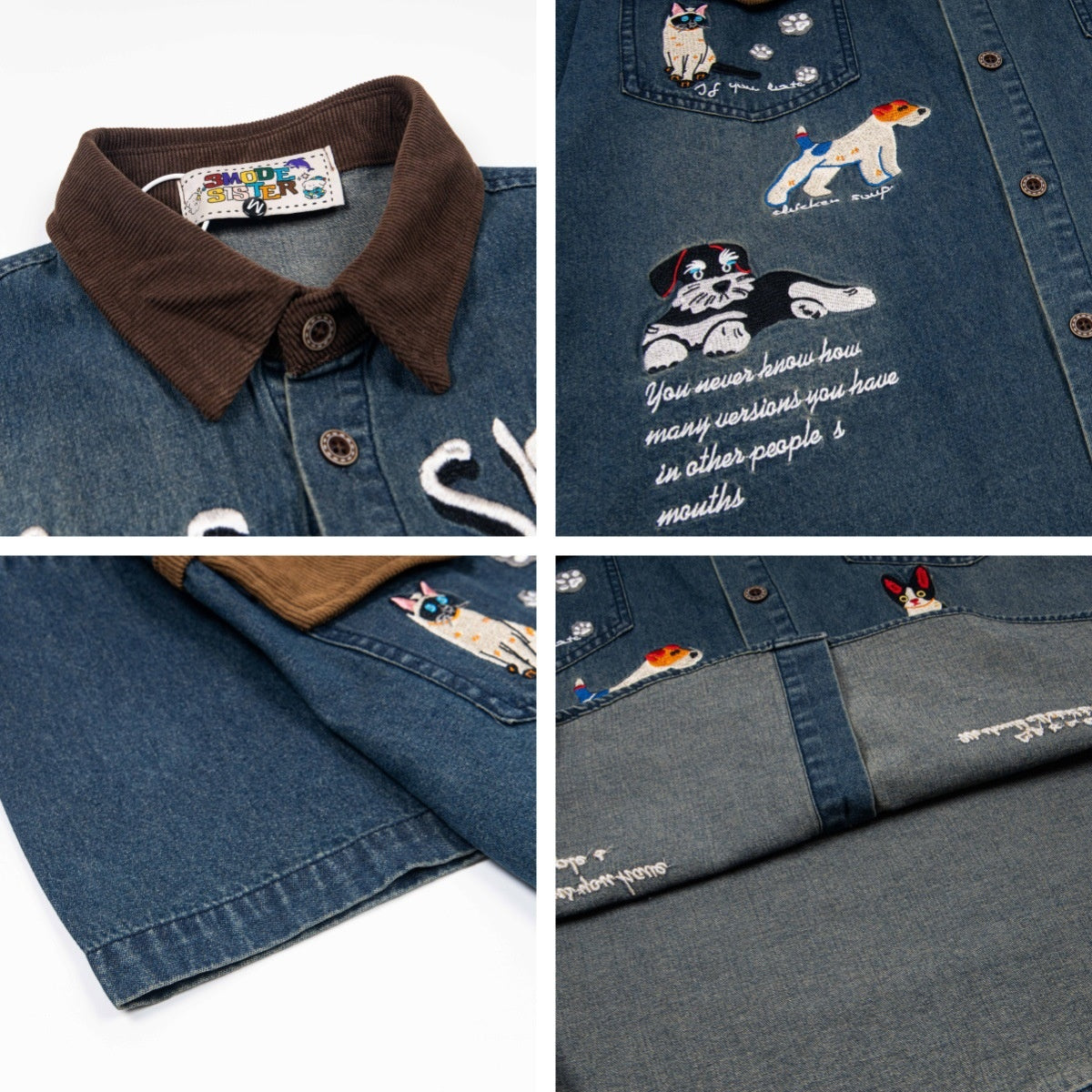 Retro Colorblock Cartoon Embroidery Denim Shirt - Unisex