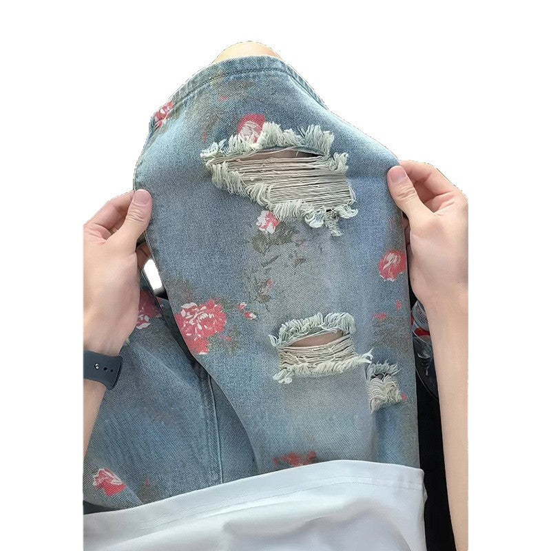 Men's Floral Print Ripped Denim Shorts