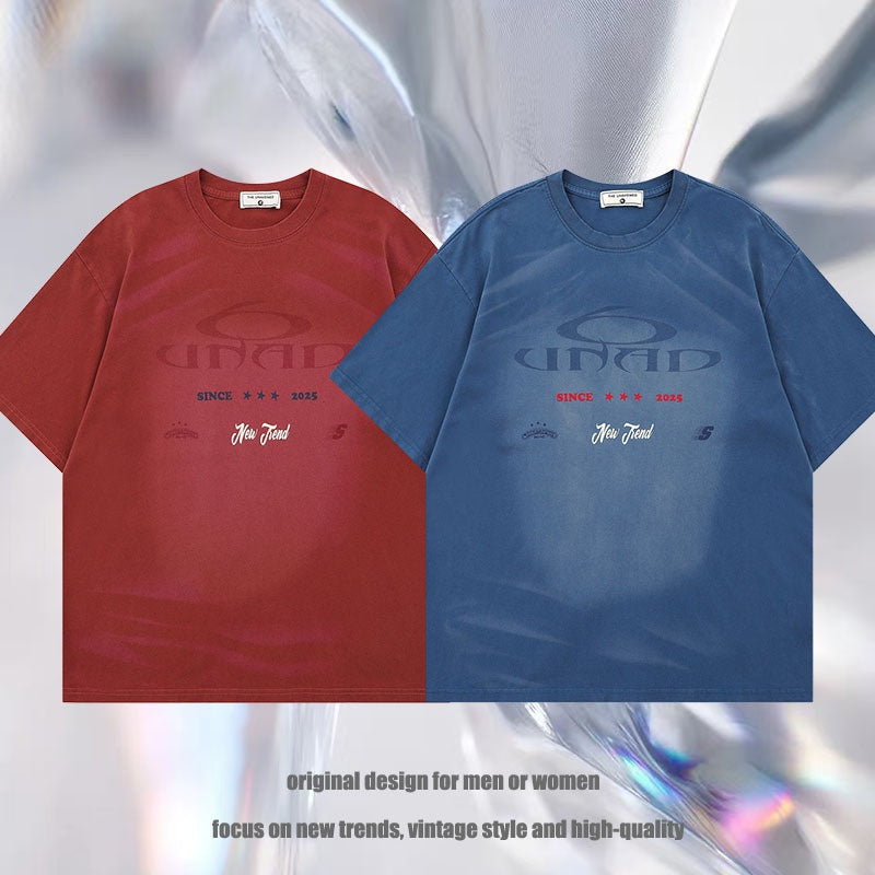 Water Washed Faded Spray Color Letter Cotton T-Shirt
