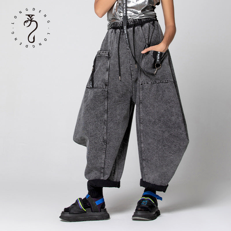 Harajuku Style Wide-Leg Tide Jeans with Webbing