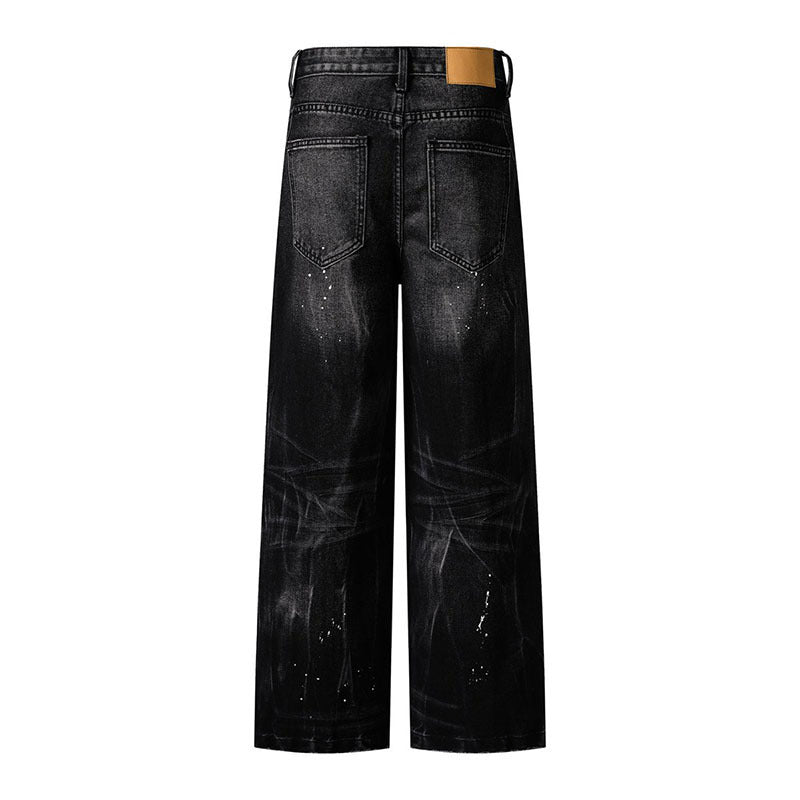 Playful Washed Denim Trousers for Men - Loose Straight Leg