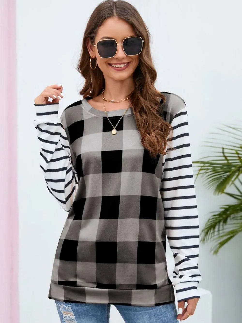 Harajuku Style Plaid Striped Round Neck Long Sleeve T-Shirt