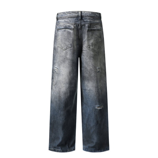 Washed Distressed Straight Leg Denim Pants