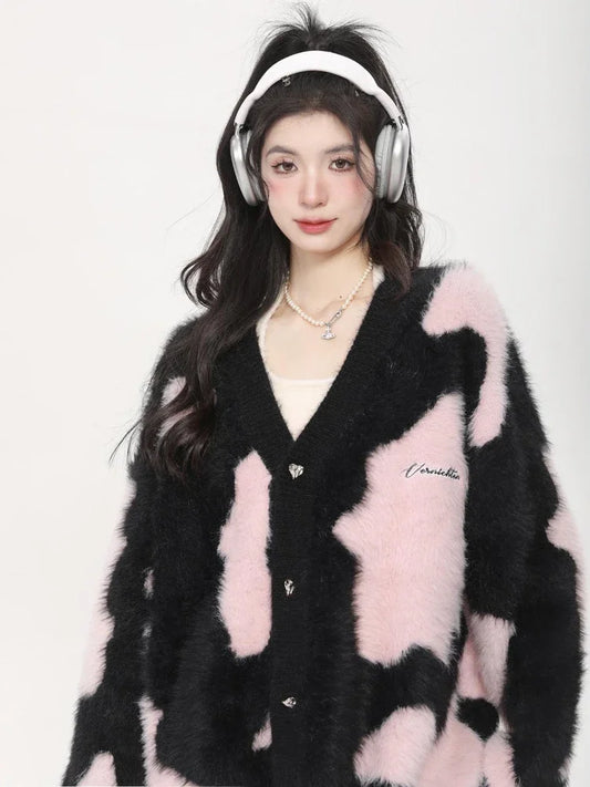 Deeptown Y2K Harajuku Pink Knitted Cardigan