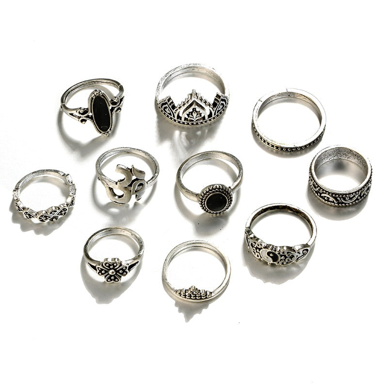 10pcs Bohemian Antique Silver Crown Star Moon Flower Rings Set