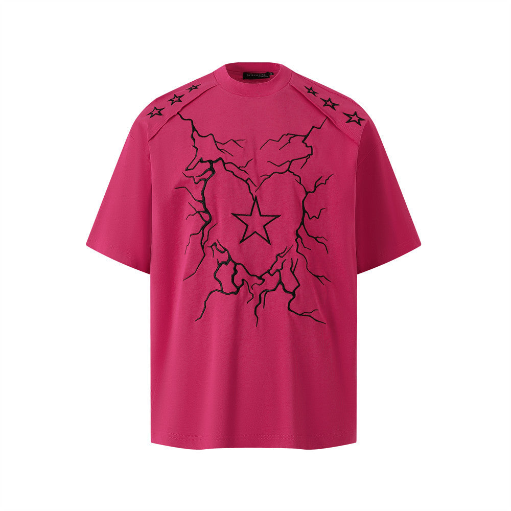 Unique Lightning Heart Star Embroidery Short Sleeve T-Shirt
