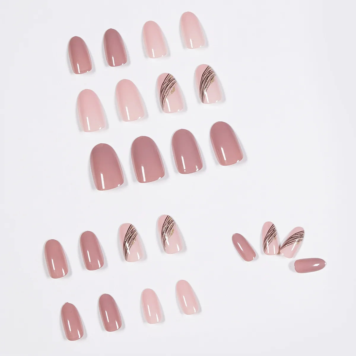 Almond Slant Gold Line Lotus Pink Fake Nails