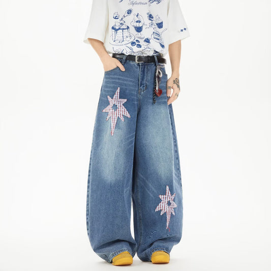 Retro Star Patch Embroidered Denim Wide Leg Pants