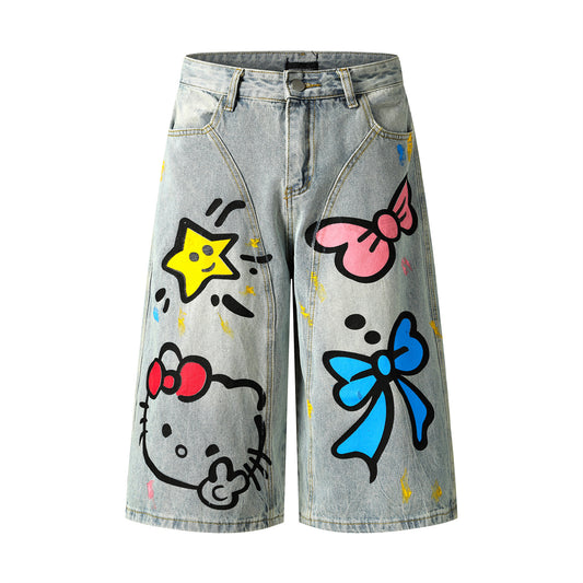 Fun Hand-Painted TK Cat Denim Pants