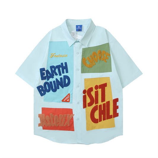 Retro Embroidered Collar Short Sleeve Unisex Casual Shirt