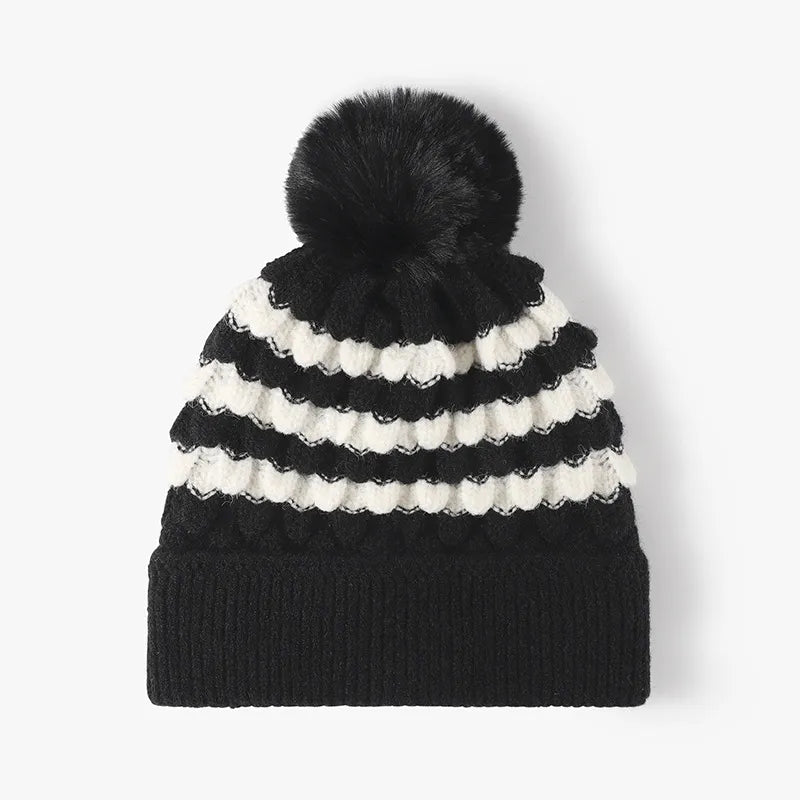 Playful Striped Pom-Pom Knit Hat