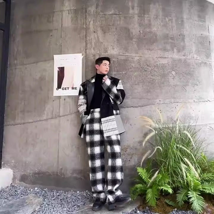 Big Size Black Plaid Woolen Coat - Harajuku Style