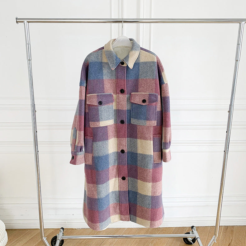Harajuku Color Stitching Plaid Mid-Length Coat