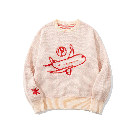 Loose Casual Sweater Harajuku Style Crew Neck Airplane Jacquard Knitwear