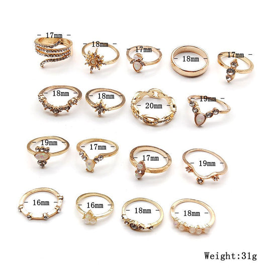17-Piece Bohemian Style Ring Set with Diamond Accents