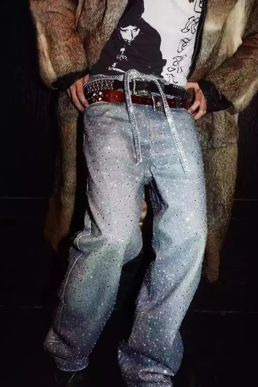 Harajuku Style Washed Loose Wide Leg Printed Jeans