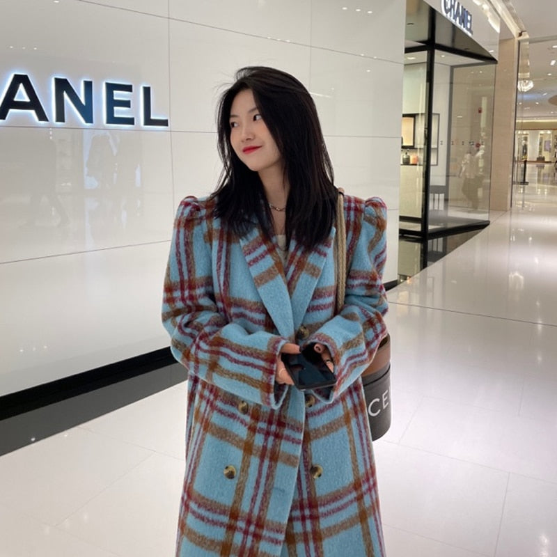 Vintage Blue Checked Loose Wool Coat with Puff Sleeves