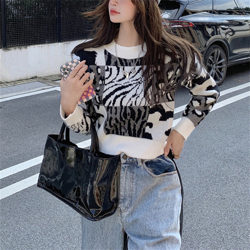 Vintage Leopard Print Knit Sweater for Women