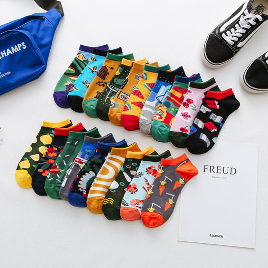 Playful Harajuku Men's Cotton Ankle Socks - Funny Animal & Fruit Designs