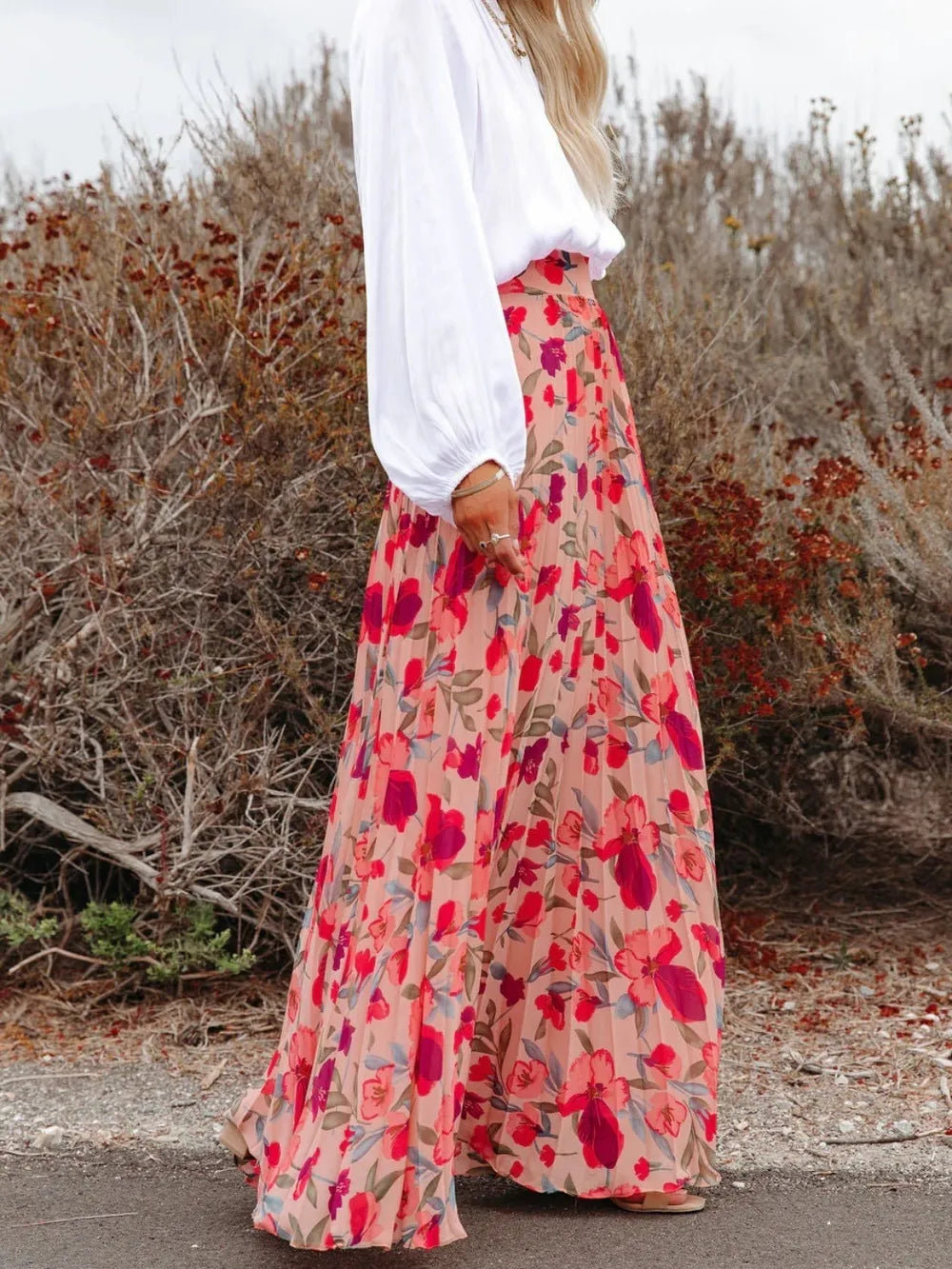 Playful Printed Elastic Waist Pleated Maxi Skirt