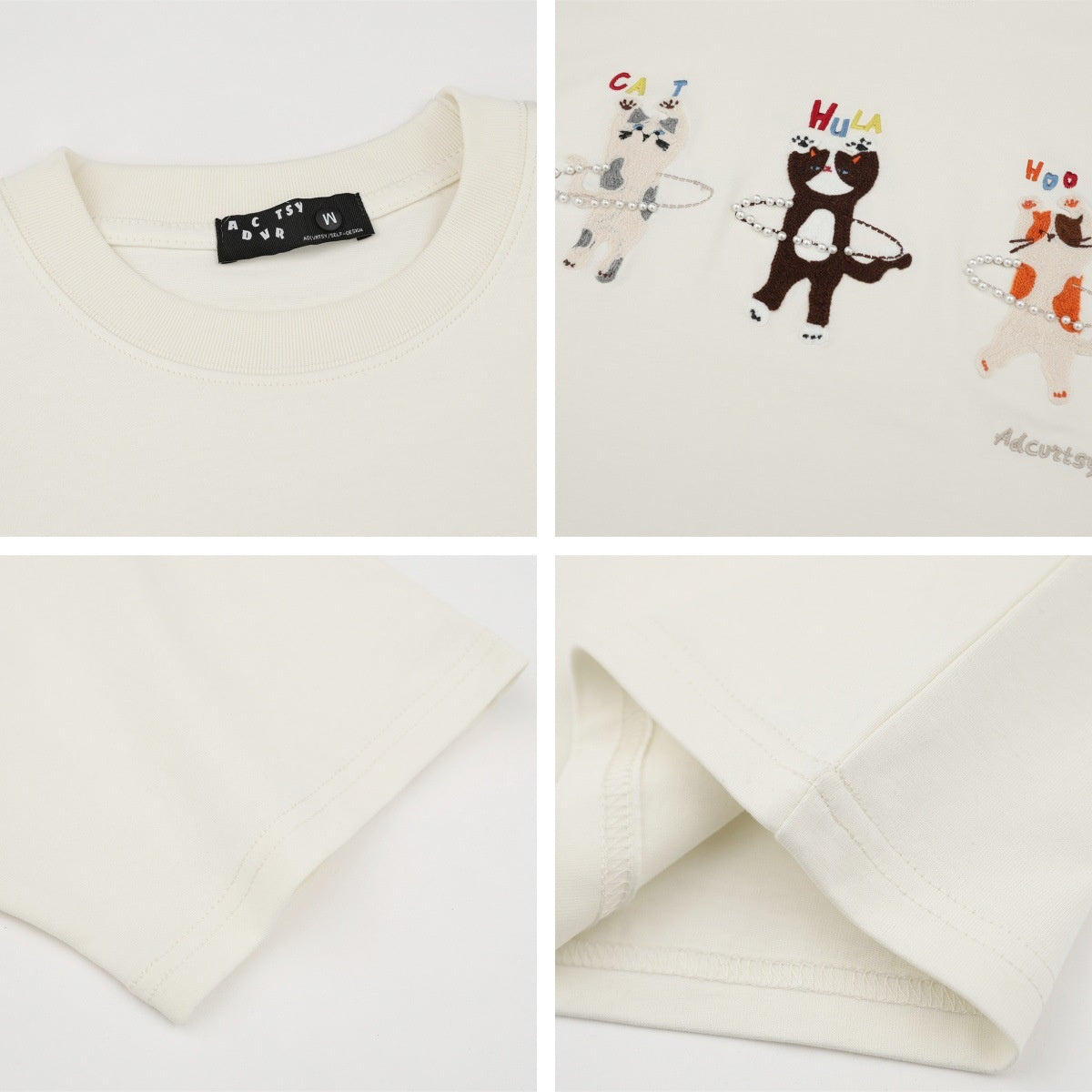 Playful Rhinestone Hula Hoop Cat Embroidery T-Shirt