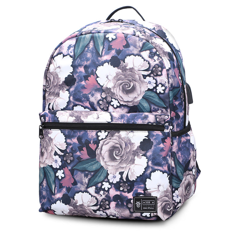 Peony Print Large Capacity USB Backpack
